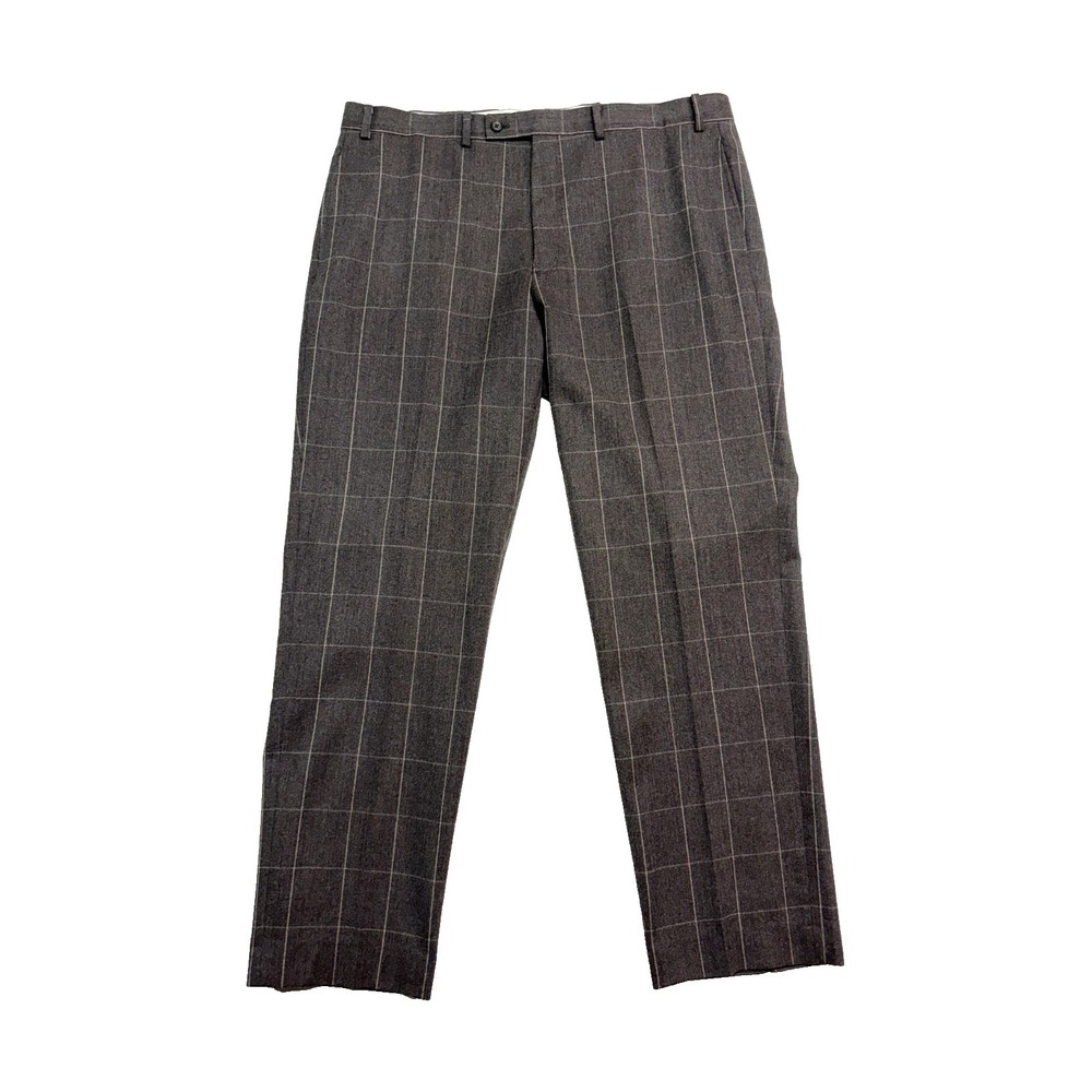 Ralph Lauren 40x32 Brown Windowpane Flannel Wool Dress Pants Flat Front Trouser
